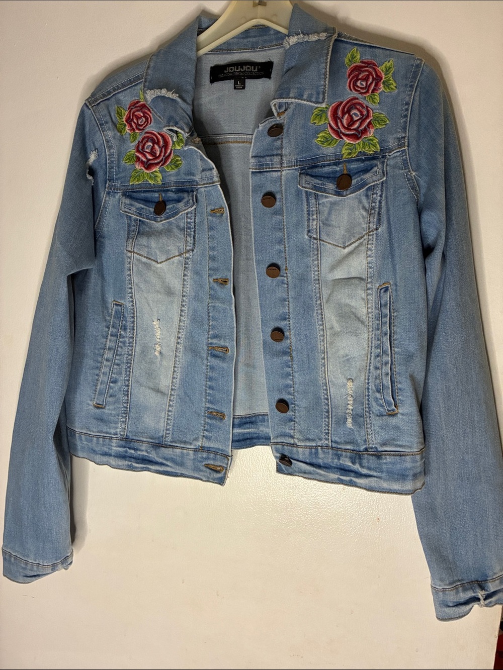 Jou Jou Light Blue Denim Jacket with Rose Patch Embroidery